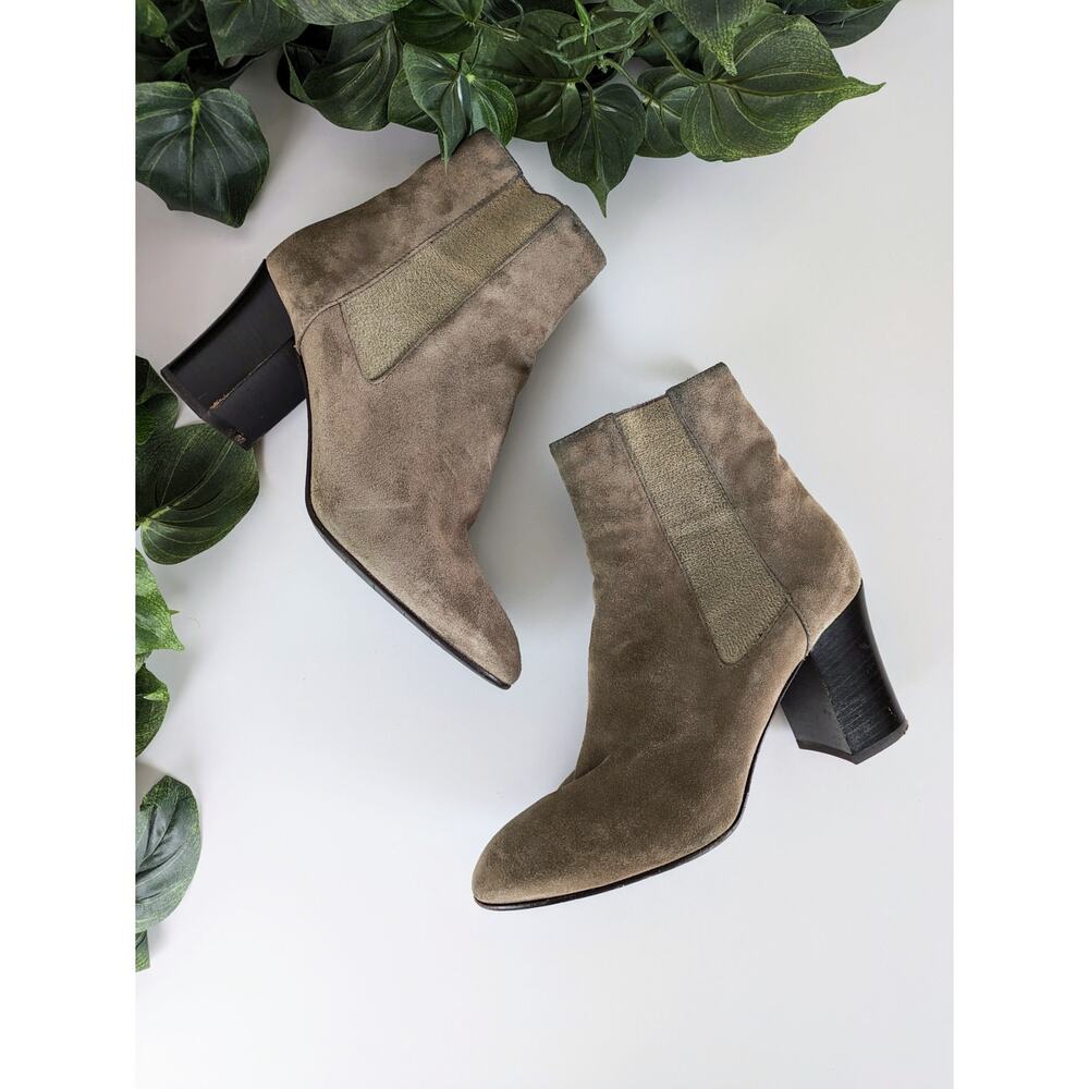 Aquatalia Boots Frida Ankle Boots Suede Chelsea Taupe Ban Block Heel Size 8